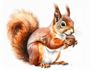 Watercolor Illustration of a Red Squirrel Holding an Acorn on a White Background