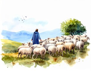 Pastoral Watercolor Depiction of a Shepherd Tending to Sheep in a Grassy Field