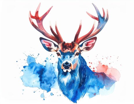 Watercolor painting of a majestic deer with large antlers and blue and red colors