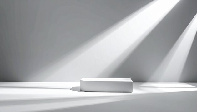 White pedestal on smooth floor with diagonal shadows—minimalist architecture, clean lines, bright lighting, abstract spatial composition.