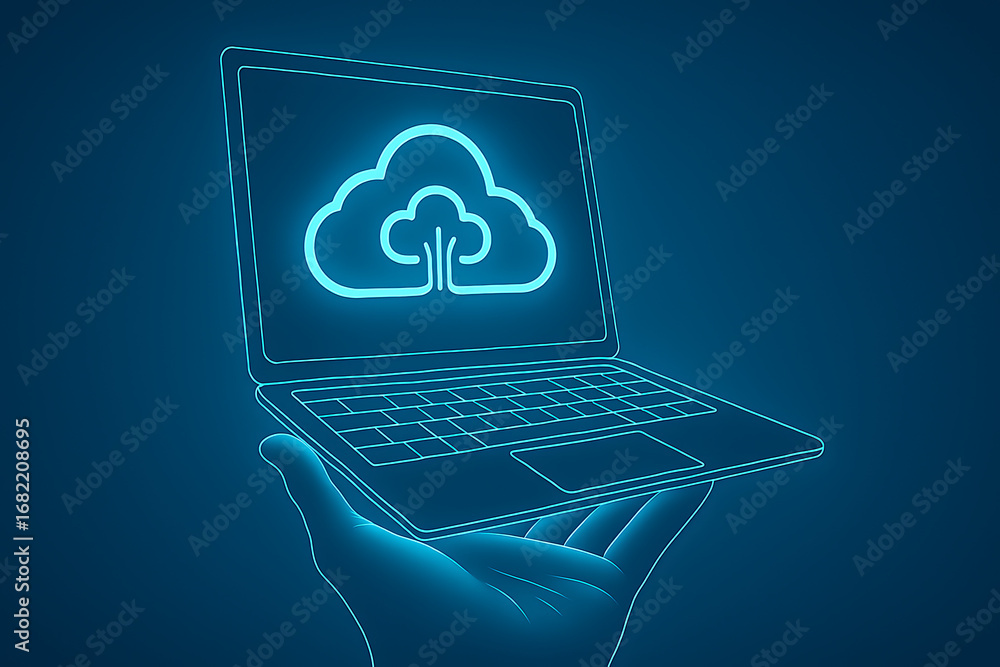 Aufkleber a hand holds a holographic laptop with a cloud icon symbolizing the modern use of cloud computing an