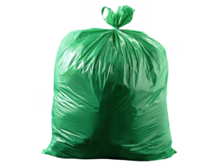 Large tied green plastic garbage bag filled with waste isolated on black background