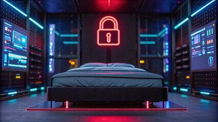Ai threats in healthcare systems glow in neon server room, secure bed, cyber defense mood and vigilance guide care futures