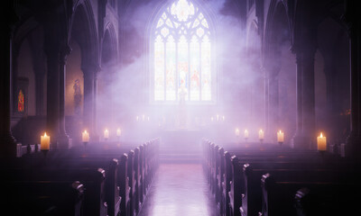 Atmospheric Church Interior with Stained Glass Window and Candlelight