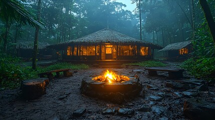 Misty jungle hut with campfire at night.