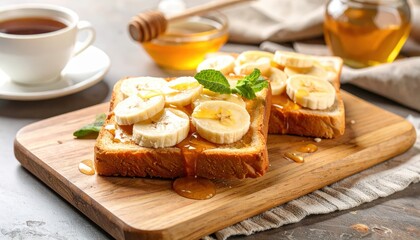 ** Slices of toast topped with banana and honey, garnished with mint, served with a cup of tea. Ideal for breakfast themes. **