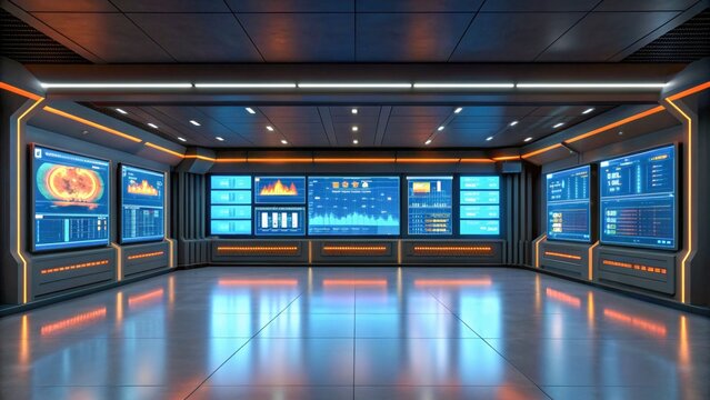 Futuristic control room ai threats healthcare systems with glowing screens, cyber defense dashboard, data analytics wall, emergency alert