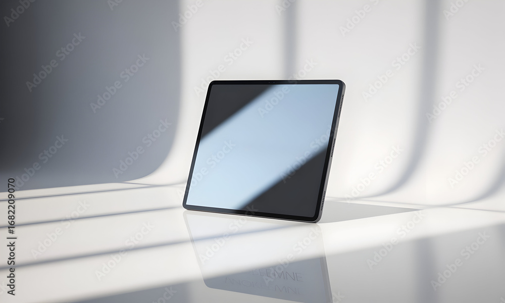 Poster modern tablet device mockup in minimalist studio setting with reflective surface and dramatic light,