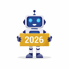 2026 AI & Robotics. An icon of a friendly, minimalist robot holding a digital sign that says "2026".
