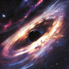 Dramatic depiction of a black hole with swirling colorful cosmic dust and stars in deep space illustration