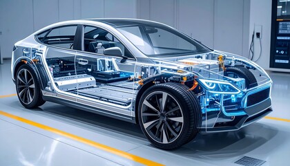 Electric car's internal components displayed in a clean, modern facility.  A cutaway view reveals intricate machinery