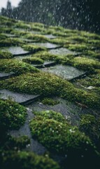 Naklejka premium Premium Modern Eco-Friendly Green Roof with Lush Moss and Raindrops Authentic Sustainable Living for Millennial Marketing and Environmental Campaigns