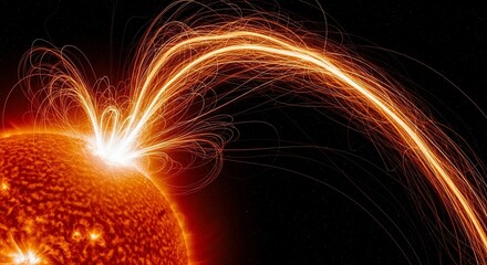 Vibrant illustration of a solar flare or coronal mass ejection erupting from the sun's surface into space.