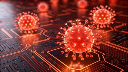 AI threats in healthcare systems glow as red virus shapes on circuit board, digital risk concept with cyber hazard mood and clinical network worry