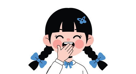 Joyful child with pigtails and blue bows laughing heartily, covering mouth with hand