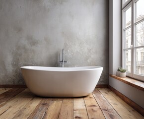 A modern, minimalist bathtub situated against a textured concrete wall, bathed in natural light from a large window, creates a serene and stylish bathroom setting.