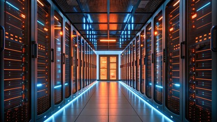 Fototapeta premium Ai threats in healthcare systems glow in data center corridor server rack cybersecurity alert neon lighting perspective symmetry