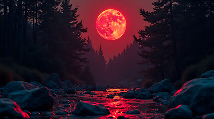 Obraz premium Eerie red moon reflecting in river amidst dark forest night landscape