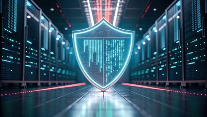 AI threats in healthcare systems challenge network security, digital shield glows in data center, cyber risk looms yet resilience holds steady