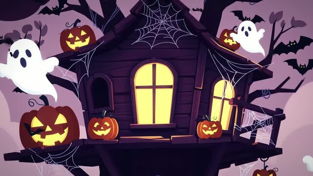 Spooky Halloween Treehouse with Ghosts and Pumpkins