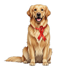 Golden retriever wears red ribbon