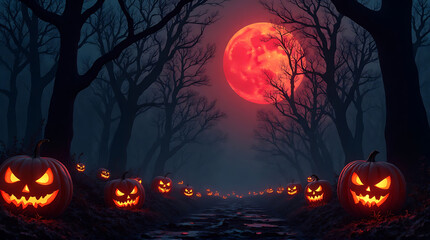 Fototapeta premium Eerie Halloween Night: Illuminated Jack-o'-Lanterns Under a Red Lunar Glow Amidst Dark Trees