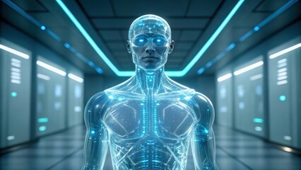 Ai threats in healthcare systems glow in futuristic hospital corridor, transparent android anatomy, cyber risk awareness rises calmly without panic