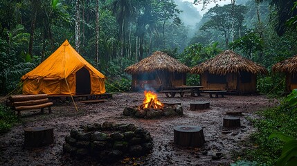 Rainforest campsite with tent, huts, campfire, and benches.