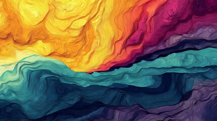 Vibrant abstract landscape with flowing contour lines in warm oranges, pinks, and cool blues, evoking a sense of dynamic depth and natural beauty.