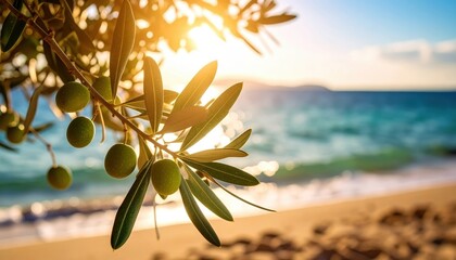 Olive branch with ripe olives against a beach backdrop, bathed in warm sunset light.