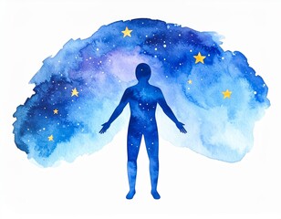 Watercolor illustration depicting the connection between human form and the cosmos