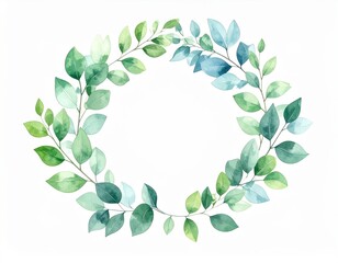 Watercolor Leaf Circle: Fresh Greenery and Blue Leaves Design Element