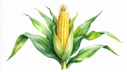 Watercolor illustration of a fresh ear of corn with vibrant green leaves
