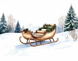 Watercolor winter scene with vintage sleigh amidst snow-covered trees and festive greenery