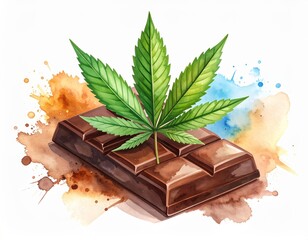 Watercolor Illustration: Cannabis Leaf on Chocolate Bar with Artistic Splatters