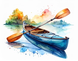 Watercolor tranquility scenic canoeing adventure on lake with paddle illustration
