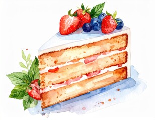 Watercolor slice of victoria sponge cake adorned with fresh strawberries and blueberries