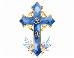 Watercolor Cross with Om Symbol and Floral Accents for Religious and Spiritual Themes