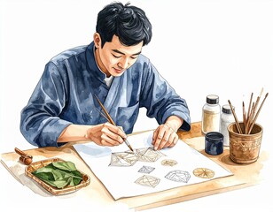 Intricate watercolor of a man crafting symbols on fabric with natural dyes