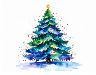 Elegant Watercolor Christmas Tree with Festive Ornaments and Sparkling Star