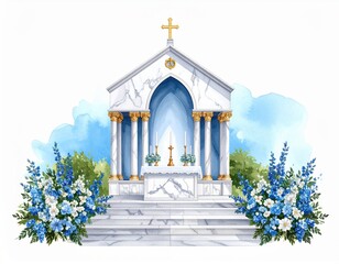 Watercolor chapel adorned with floral arrangements and marble altar elegance