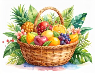 Watercolor Tropical Fruit Basket Surrounded by Lush Foliage: A Whimsical Delight