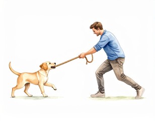 Watercolor illustration of a playful tug-of-war between a man and his labrador
