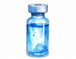 Serene blue watercolor illustration of a medical vial on an isolated white canvas