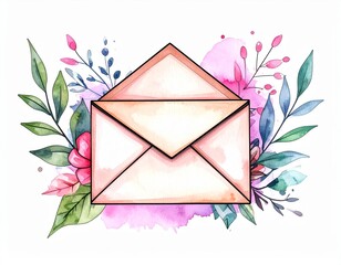 Artistic watercolor envelope illustration with floral decoration on a white background