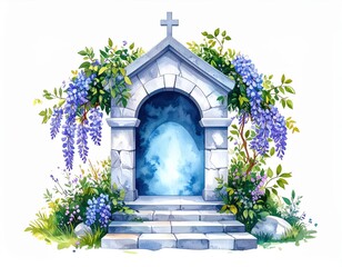 Watercolor portal with a cross and wisteria blossoms, fantasy gateway