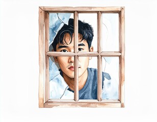 Introspective watercolor portrait of a man peering through shattered glass window