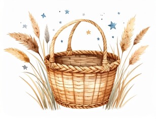 Watercolor Illustration of a Wicker Basket with Wheat and Stars on White Background