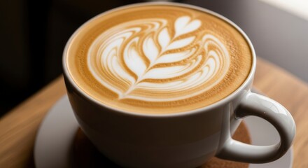 Close-up of a perfectly crafted latte with intricate leaf and heart-shaped latte art in a white ceramic cup on a wooden table. Inviting and warm coffee moment.