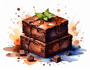 Watercolor Illustration of Stacked Chocolate Brownies with Drizzled Sauce and Mint